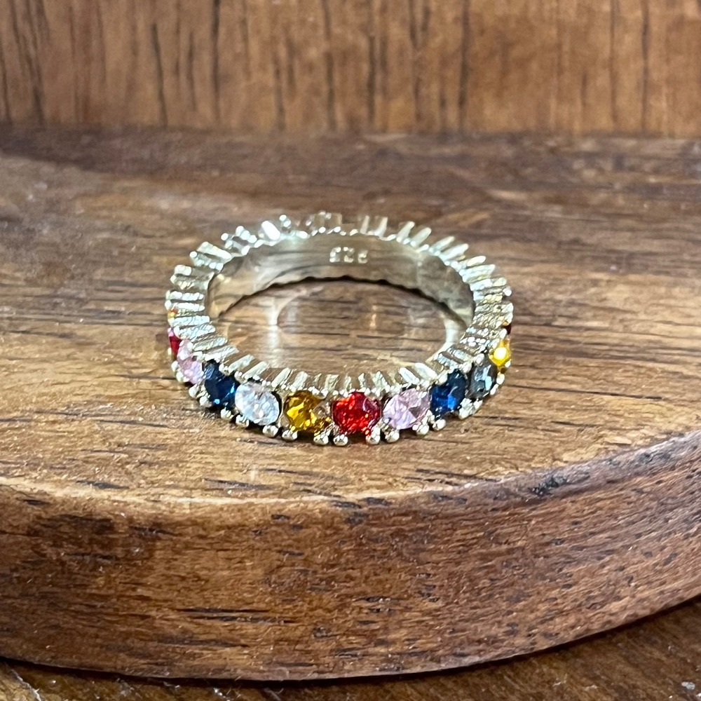 925 Sterling Silver Rainbow Multi Color Stone Eternity Band Ring Size 7